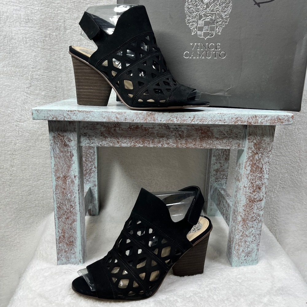 Vince Camuto Black Deverly Cutout Nubuck Heeled Sandals Women's Size 6.5M